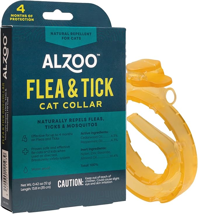 ALZOO Natural Flea & Tick Cat Collar, Helps Repel Fleas, Ticks & Mosquitoes, Plant-Based Active Ingredients, Phthalates and PVC Free Up to 4 Months Protection, Single