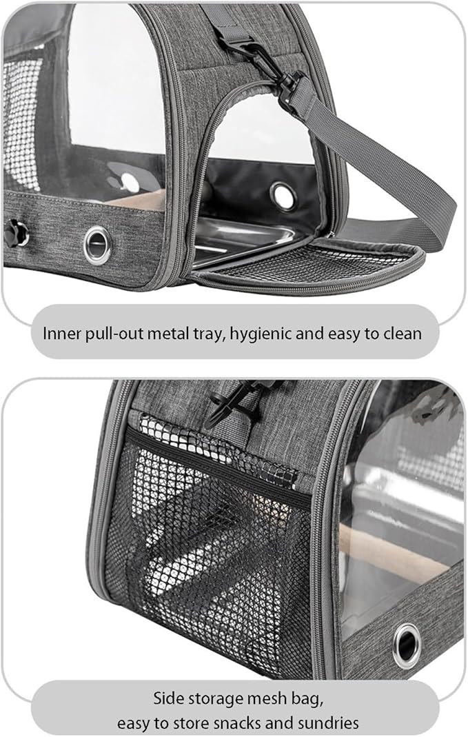 Portable Bird Cage Bird Carriers Foldable Panoramic View with Perch Removable Tray for Parrot Hamster Hedgehog Rabbit Sugar Glider (Grey)