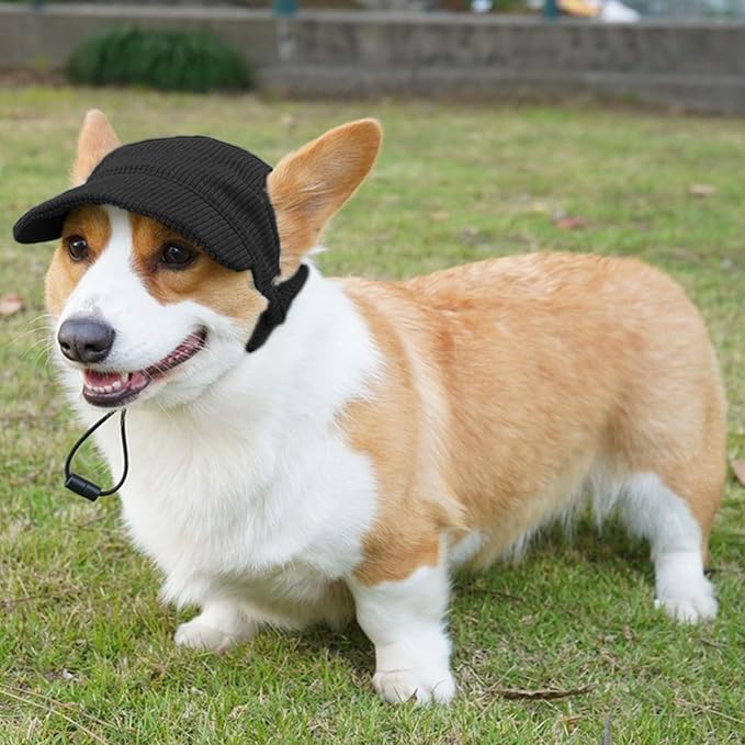 Dog Baseball Cap, Dog Cat Summer Beach Visor Hat with Ear Holes, Adjustable Puppy Sunbonnet Headdress (Black, Small)