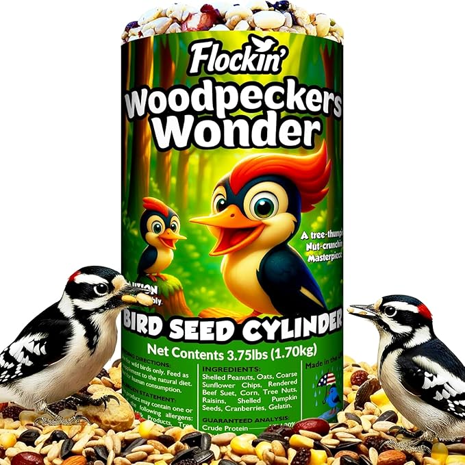 Woodpecker Bird Seed Cylinders with Hole – Premium Woodpecker Food Blend with Sunflower Chips, Peanuts & Suet – Natural High Energy Bird Seed, No Filler, No Shell, No Mess – USA Made (4" x 7.75")