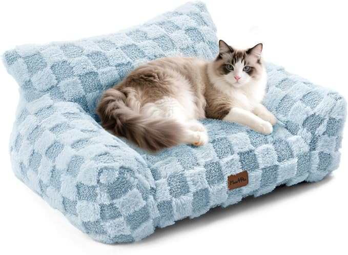 Made4Pets Cat Beds for Indoor Cats, Cat Couch Bed, Soft Faux Fur Checkered Pet Sofa, Calming Fluffy Kitten Sofa with Supportive Foam, Removable Washable Cover with Non-Slip Base, Sky Blue, Small
