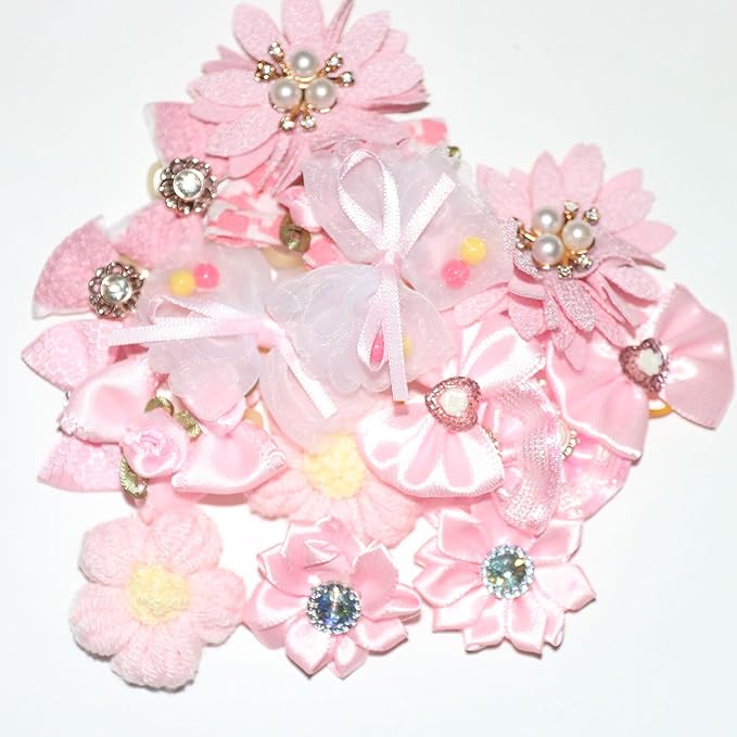 20 PCS Pink Dog Hair Bows with Rubber Bands, Cute Lace Rhinestone Pearls Bowknot for Puppy Cat Pet Girl Grooming Accessories