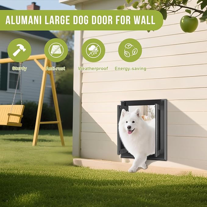 Dog Door for Wall, Heavy Duty Large Dog Door with Aluminum Frame and Telescoping Tunnel, French Style with Magnetic Flaps, Up to 120lbs, Black