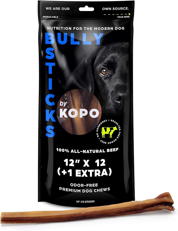 Kopo Dog Bully Sticks 12 inch - Regular Size, (12 Pack + 1 Extra) - Chew Sticks - 100% All Natural Beef Pizzle, One Ingredient Treats - More Protein Than Collagen Sticks - Long Lasting Dog Treats