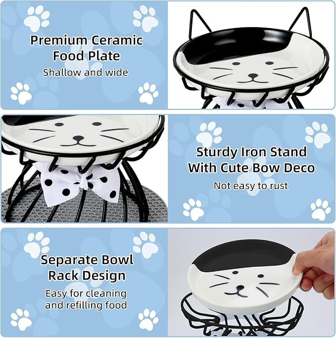2PCS Ceramic Elevated Cat Bowls, Raised Pet Food Bowl Whisker Friendly, Anti-Vomiting Food Plate with Cute Metal Stand, Shallow Food Plate for Indoor Cat, Protects Spine
