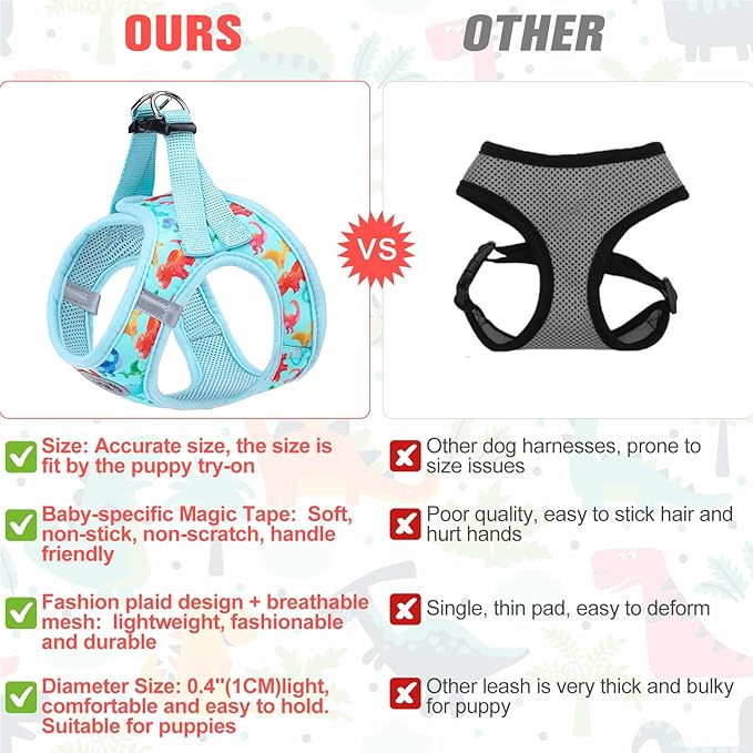 BEAUTYZOO Step in Dog Harness and Leash Set,Reflective Dog Harness No Pull No Choke Puppy Harness for Small Medium Large Dogs Cats,Soft Padded Mesh Vest Harnesses for Girl and Boy Pets,Dinosaurs XS