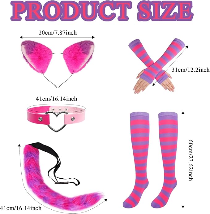 Fumwase Pink Purple Striped Cat Costume Set - Ears, Necklace, Furry Tail, Striped Gloves, Socks - Women's Cosplay Halloween