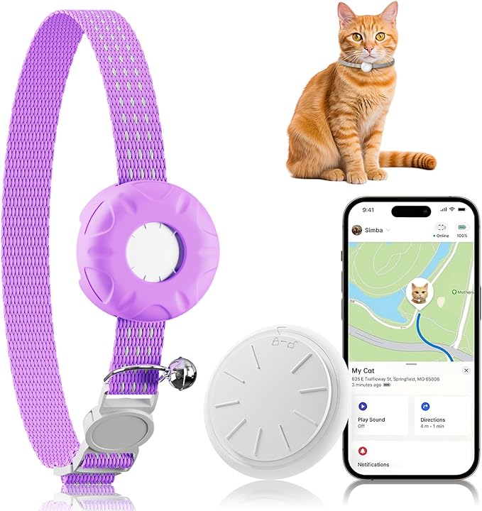 Cat Tracker, Lightweight Pet Tracker for Cats, No Monthly Fee, Waterproof Cat GPS Tracker, Compatible with Apple Find My App(Only iOS), Real-Time Tracking, Precise Positioning, Smart Alerts