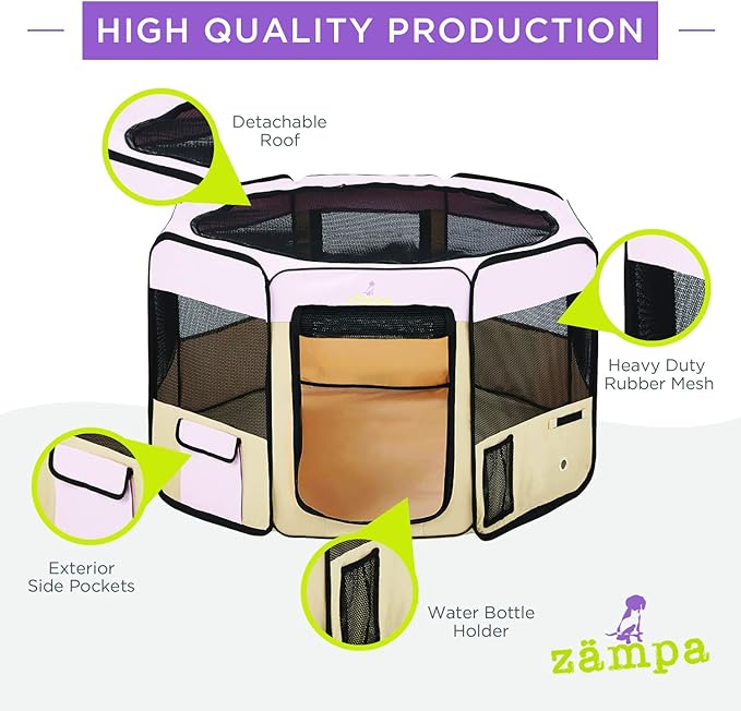 Zampa Puppy Pop Up Portable Playpen for Dog and Cat, Foldable | Indoor/Outdoor Kitten Pen & Travel Pet Carrier + Carrying Case (Pink, Extra Small (29"x29"x17"))