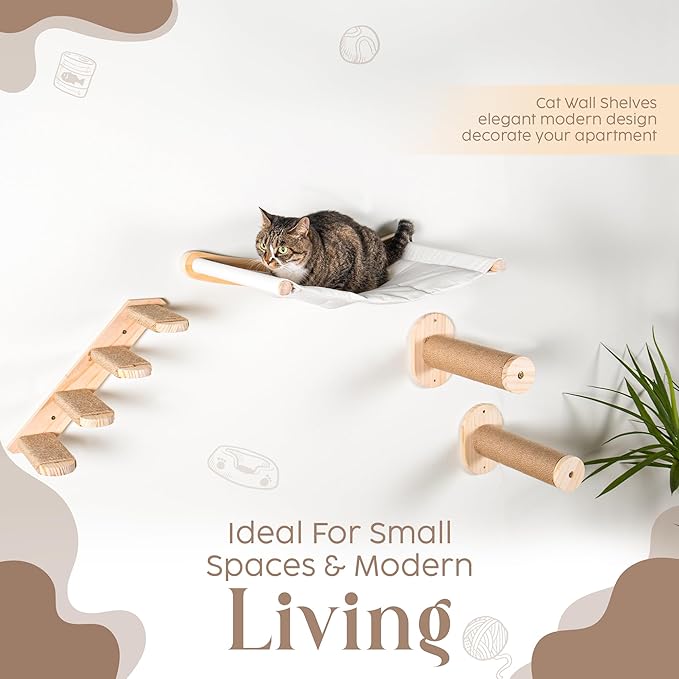 Wall Mounted Cat Shelves – 4-Piece Hammock Set with Ladder & Steps for Small & Large Cats – 45 lb Capacity Wall Mounted Cat Furniture