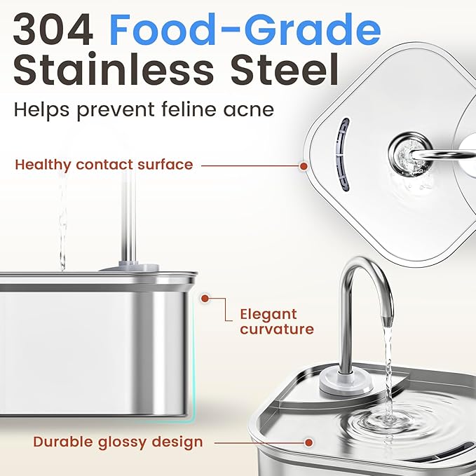 Cat Water Fountain Stainless Steel, 108oz/3.2L Quiet Automatic Cat Fountain for Drinking, Safe Auto Shut-Off, Large Square Pet Water Dispenser for Dogs Indoor with 1 Replacement Filter
