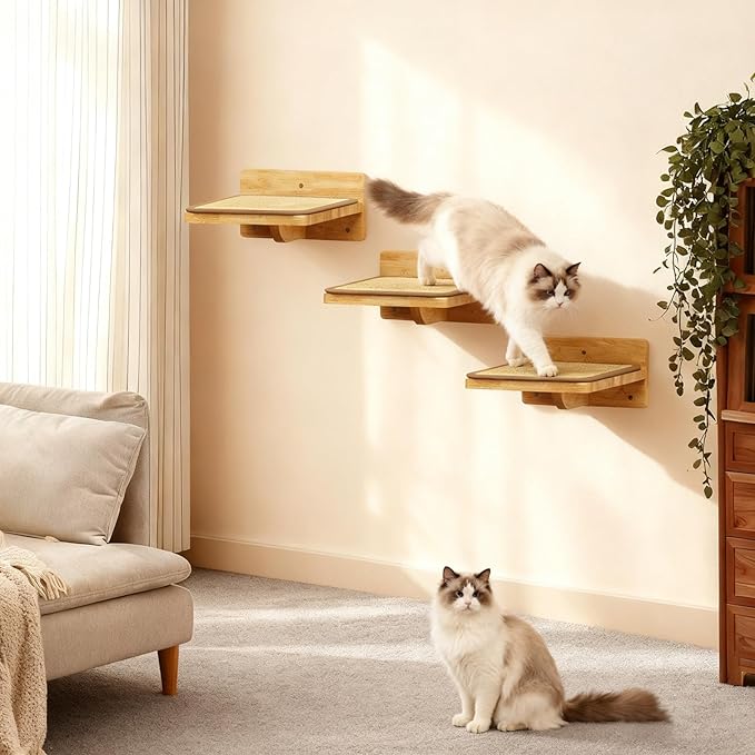 3Pcs 8"×7" Cat Wall Steps - Cat Stairs for Wall, Ladder Natural Wood with Fixtures,Turn Around or Climbing or Playing for Kittens and Adult Cats