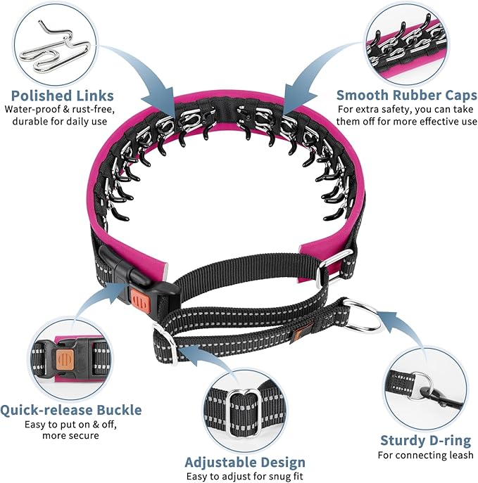Mayerzon Martingale No Pull Collar for Medium Large Dogs, Patented Anti Pull Dog Collar with Buckle for Walking Training, with Neoprene Padding and Reflective Stitching, Adjustable(Hot Pink Trim, M)