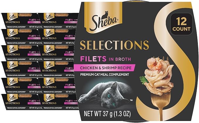 Sheba Selections Filets in Broth, Adult Cat Food Wet Recipe, Meal Complement, Wet Cat Food Variety Pack, Chicken & Shrimp Recipe, 1.3 oz. Cups, 12 Count