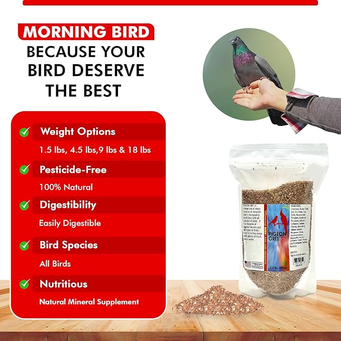 Morning Bird Pigeon Grit - Healthy & Nutritious Pigeon Food to Support Strong Muscles & Bones for Grit Eating Birds - Supports Digestion & Packed with Essential Minerals, 1.5 lbs