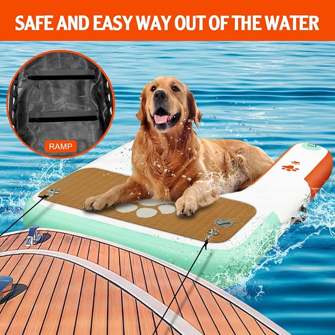 FBSPORT Inflatable Dog Boat Ramp Floating Dock Water Ladder for Pool, Boat, Non-Slip EVA Floating Ladder Pool Ramp for Dog Up to 220 LBs, Safe & Easy Access