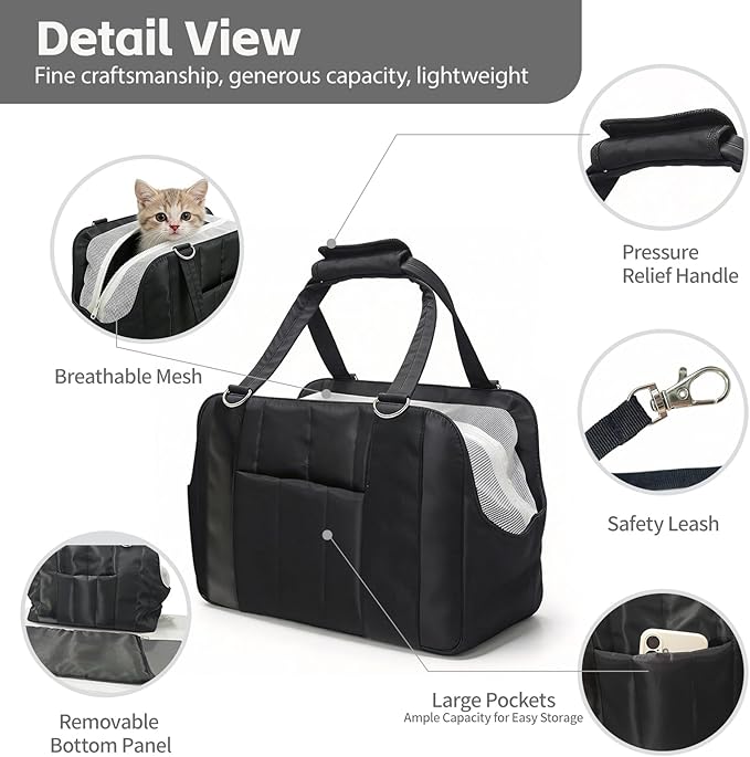 Dog Purse Carrier for Small Dogs, Small Cat Purse Carrier Soft with Large Pocket, Portable Pet Carrier Tote Bag with Safe Leash (Black)