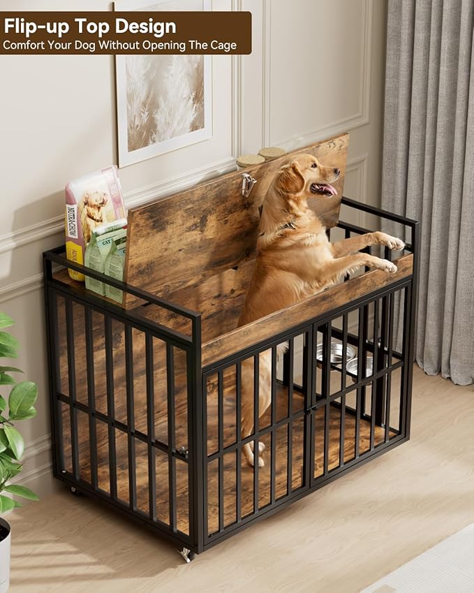2PCS 43 Inch Dog Crate Furniture, Heavy Duty Dog Kennel with 3 Doors, 2 Adjustable Bowls and Lockable Wheels, Wooden Dog House for Large Dogs, End Table Dog Cage, Rustic Brown