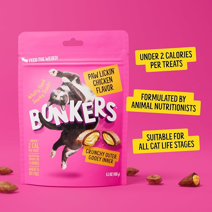 Bonkers Cat Bites, Crunchy & Soft Paw Lickin' Chicken Flavor Treats, Low Calorie, Training or Food Topper, 3 OZ Resealable Bag for All Breeds and Ages, Value Pack (10 Pack)