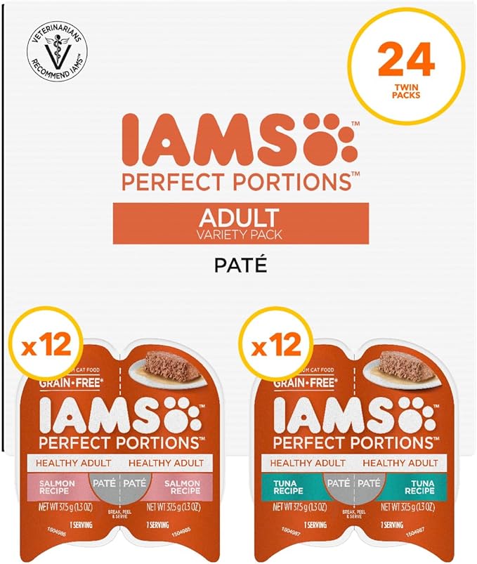 IAMS Perfect Portions Sensitive Digestion & Skin Wet Cat Food Pate, Healthy Adult Grain Free Pate, Salmon and Tuna Recipes, (24) 2.6 oz. Variety Twin-Pack Trays