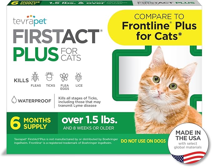 TevraPet FirstAct Plus Flea and Tick Prevention for Cats Over 1.5lbs, 6 Monthly Doses, Topical Drops