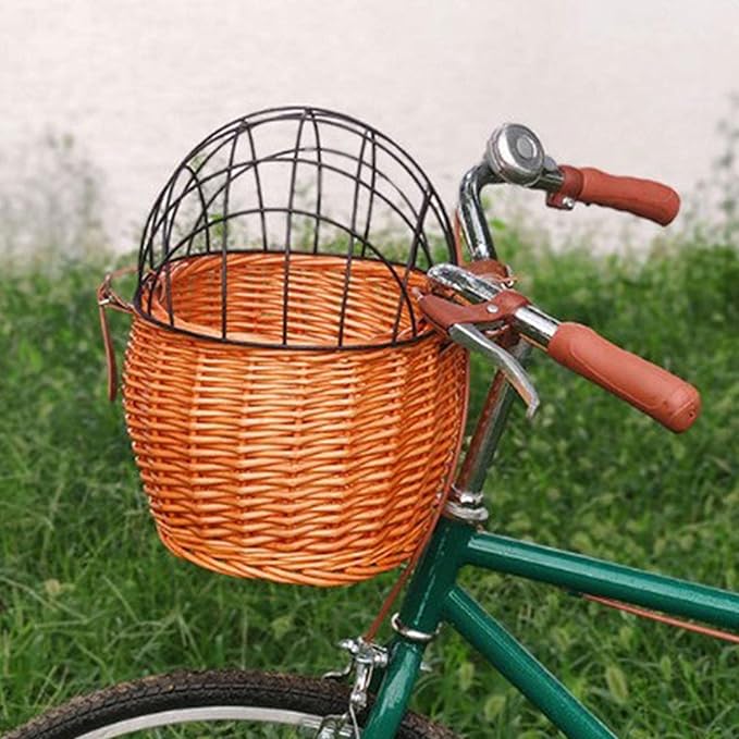 Wicker Bike Basket for Small Dogs Cats Pet Carrier Front Basket with Wire Mesh Cover (Honey Color)