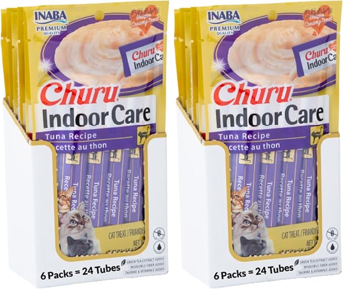 INABA Churu Hairball Control,Functional,Creamy Lickable Purée Cat Treat with Taurine & Vitamin E,0.5 Ounces Each,Tubes (4 per Package),Tuna Recipe - Packaging May Vary*,(Pack of 48)