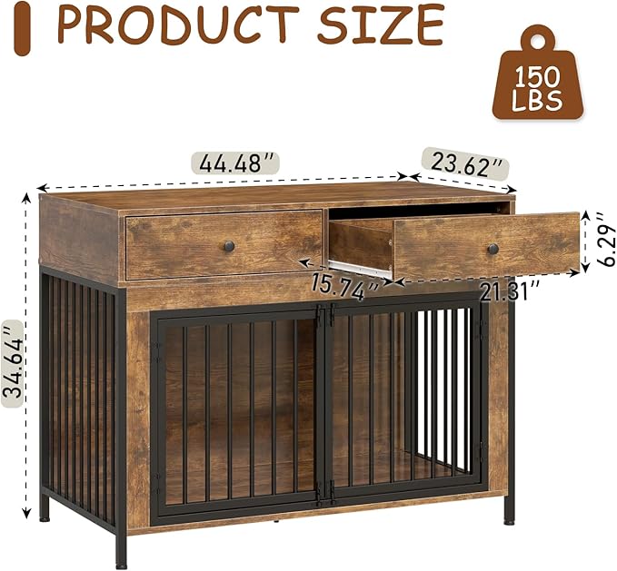 PUKAMI 44inch Large Dog Crate Furniture with Drawers, Wooden Dog Kennel Furniture for Indoor use, Brown End Table Dog House, for Small/Medium/Large Dog