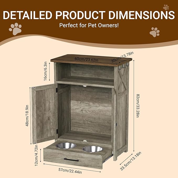 Dog Feeding Station with Storage Cabinet, Raised 2 Elevated Dog Bowls with Hidden Drawer, Pet Feeder Organizer with 3 Side Hooks, Large Capacity Dog Food Storage Cabinet