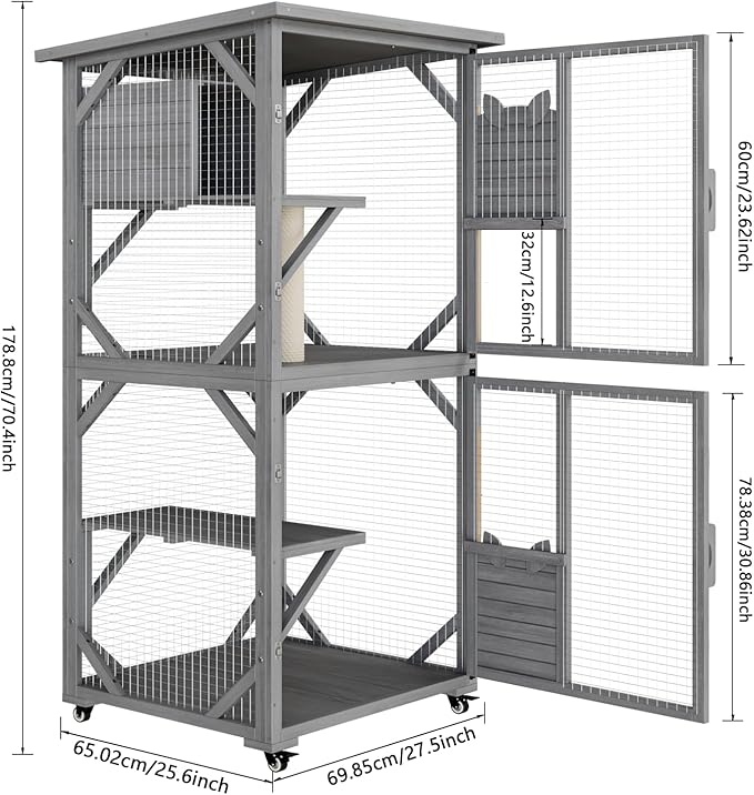 OFIKA Outdoor Catio Cat Enclosure with Waterproof Roof,Platforms,Upgraded Resting Box, 70.4’’cat Houses & Condos on Wheels for Outdoor Patio,Cat Window Box,Scratching Post（Grey0）