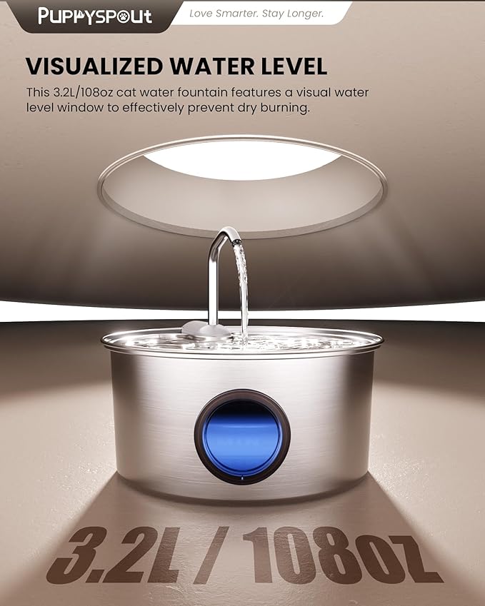 Cat Water Fountain Stainless Steel - 108oz/3.2L Automatic Cat Water Fountain for Drinking with 10PCS Filters, Metal Pet Water Fountain Water Dispenser for Cats, Puppy, Multiple Pets