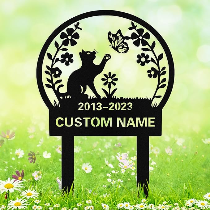 Custom Cat Grave Marker Outdoor, Personalized Metal Cat Memorial Grave Stake with Name and Date, Outdoor Waterrproof Cats Memorial Plaque