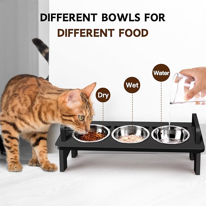 Bamboo Elevated Cat Bowls, 3 Stainless Steel Raised Cat Bowl with Stand, 15°Tilted Cat Feeding Station, Cat Food and Water Bowl Set for Small Cats and Puppy, Anti Vomitting, Whisker Fatigue (Black)