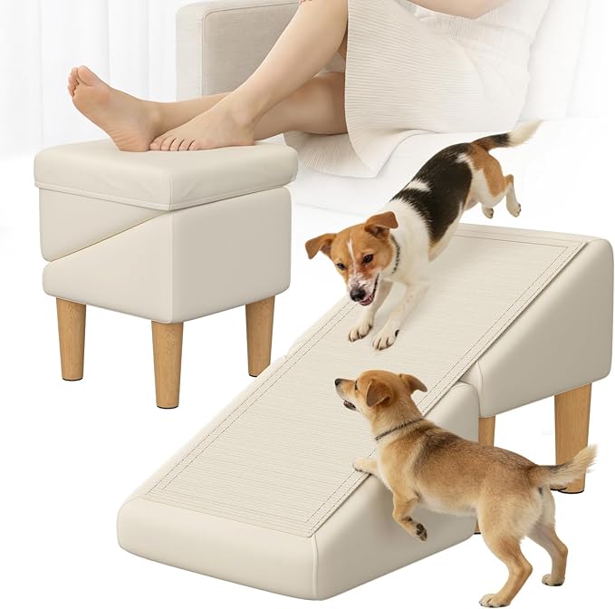 Split Ottoman Dog Ramp, 23-Degree Puppy Ramps for Small Dogs, Solid Wood Anti-Slip Dog Ramp for Couch, Includes Removable Anti-Slip Mat and Seat Cushion, for Small and Injured Dogs & Cats