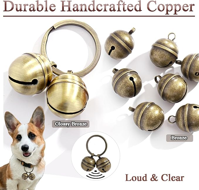 Copper Dog Bells for Collars with Quick-Release Clasp - Audible Safety Trackers for Medium to Large Dogs, Outdoor Collar Accessories (Glossy Bronze+Bronze, 2-Pack)