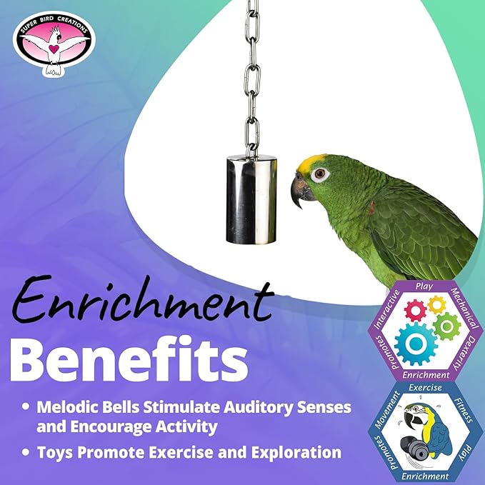 Super Bird Creations SB1241 Stainless Steel Tube Bells - Bird Cage Accessory for Sound Enrichment - Ideal for Parrots, Amazons, Greys, Cockatoos and Macaws (Small) - Made in The USA