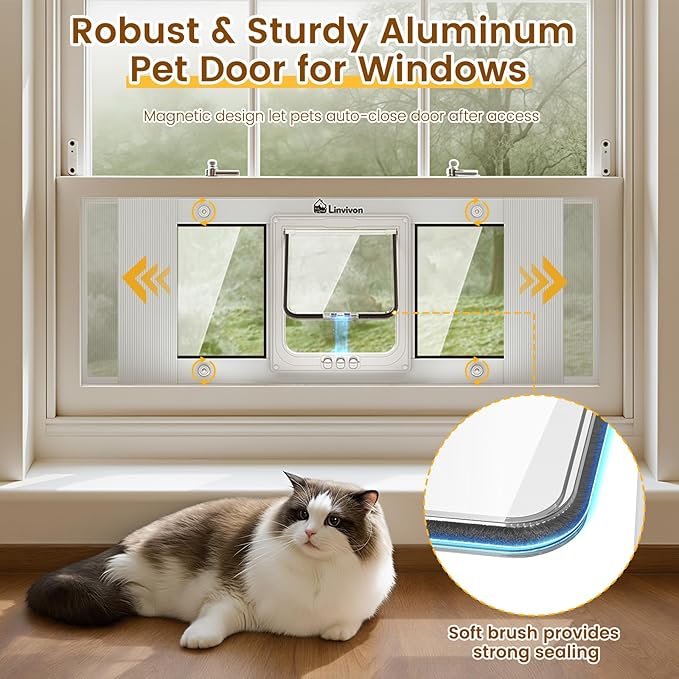 Cat Door for Window, Quick Installation Adjustable Width of 23"-28", Cat Window Door with 4 Locking Modes, Magnetic Closure Design, Weatherproof Aluminum Frame Cat Door Window Insert