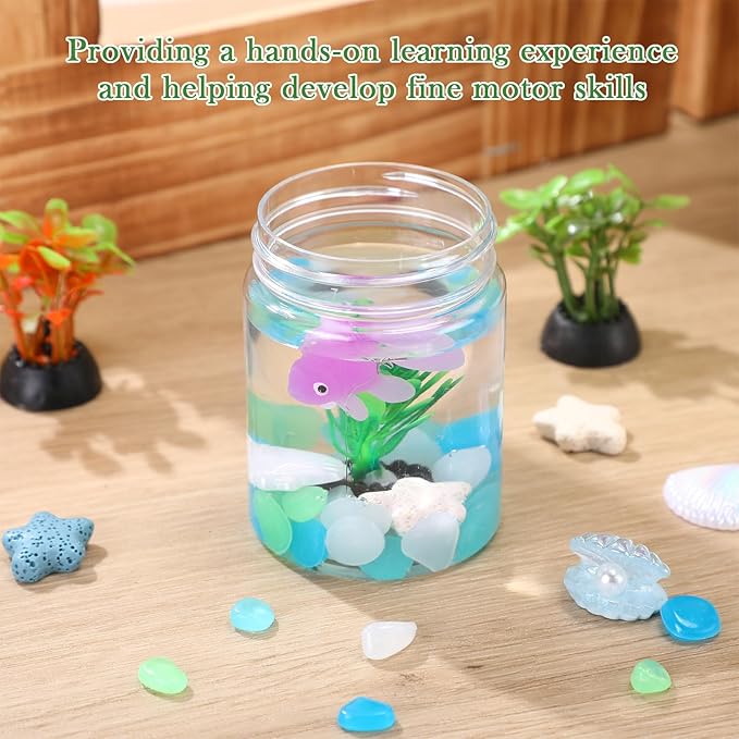12 Set Fishbowl Craft Kit with Plastic Fish Bowl Floating Fake Goldfish Aquarium Plant Glow in The Dark Rock Seashell Mini Fish Tank Decoration Accessories for Party Supplies School Classroom