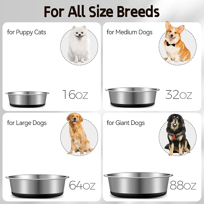 Stainless Steel Dog Bowls, Non Slip Dog Metal Bowls, 2 Pack Food and Water Pet Feeders Heavy Duty Dishwasher Safe (88oz, 11cup)