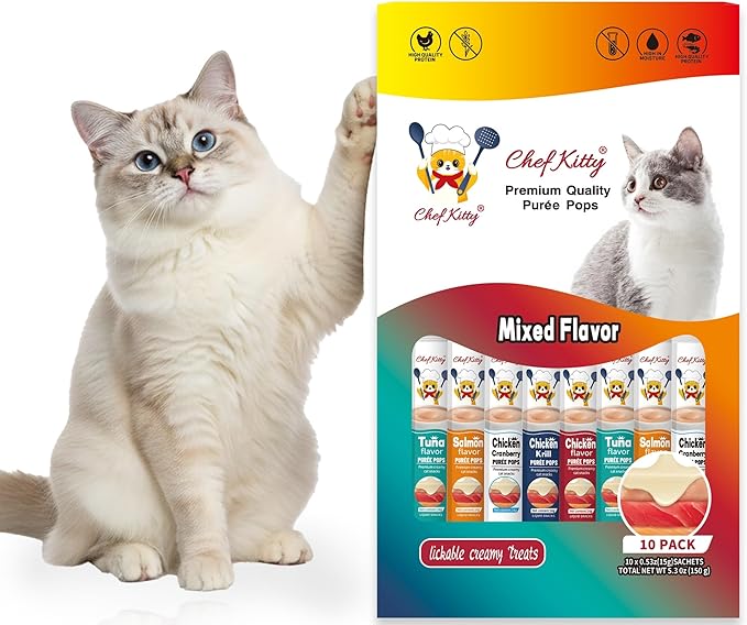 Cat Treats Lickable | Grain-Free Cat Food Toppers, High Protein | Creamy Puree Squeeze Ups with Vitamin E & Taurine, Digestible Formula | 0.5 oz. Each Tube, Chicken & Seafood Mix Variety | 10 Tubes
