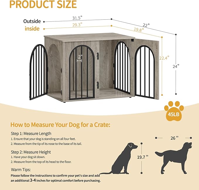 31.5'' Wooden Dog Crate Furniture, Indoor Dog Kennel Dogs Cage for Small/Medium Dogs, Heavy Duty Dog Crates Decorative Pet House End Side Table TV Stand, Greige Black DFC85105B