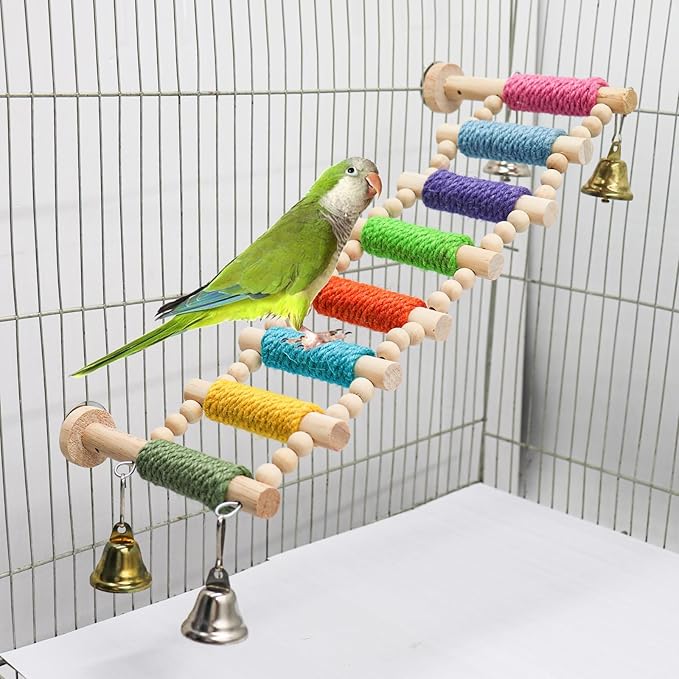 Bird Cage Accessories, Wooden Bridge with Colorful Rope on Steps, Bird Climbing Ladder Perch for Budgies, Cockatiels, Lovebirds, Quakers, Green Cheeks, Other Small to Medium Birds