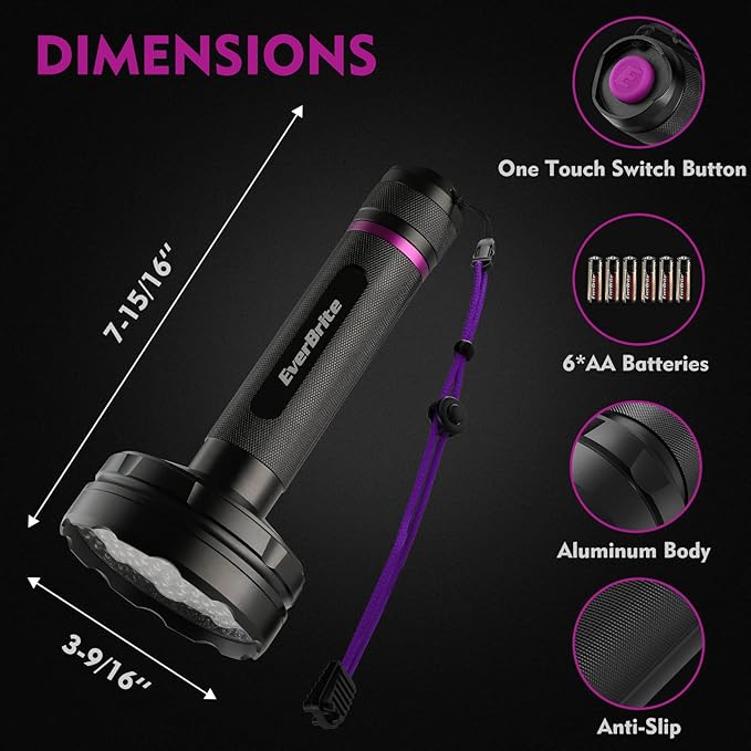 EverBrite UV Flashlight, 128 LED Blacklight Flashlights, 395nm Black Light Flashlight for Pet Urine Detection, Scorpions, Dry Stains, Bed Bug (Batteries Included)