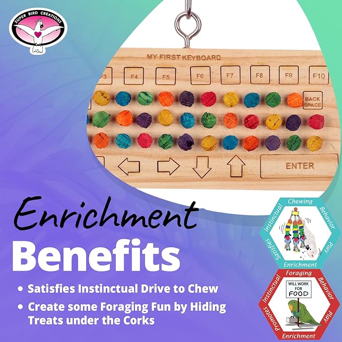 Super Bird Creations SB1225 Birdie Keyboard Bird Toy - Hardwood Keyboard Base with Chewable Corks - Versatile Parrot Training Toy for Foraging Fun for Cockatiel Parakeet - Ideal for Small/Medium Birds