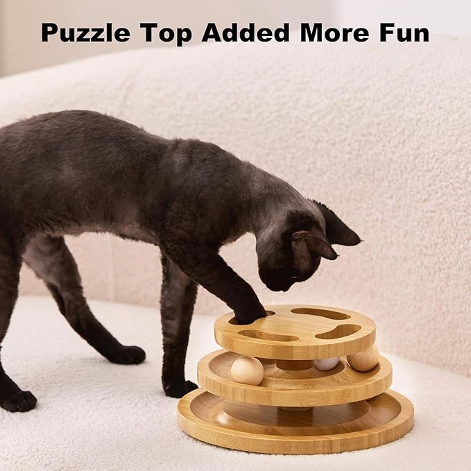 Cat Ball Track Toy with Puzzle Top, Wooden Cat Toys for Indoor Cats with Spinning Balls, Interactive Large Cat Ball Tower for Kitten Kitty Exercise Mental Physical