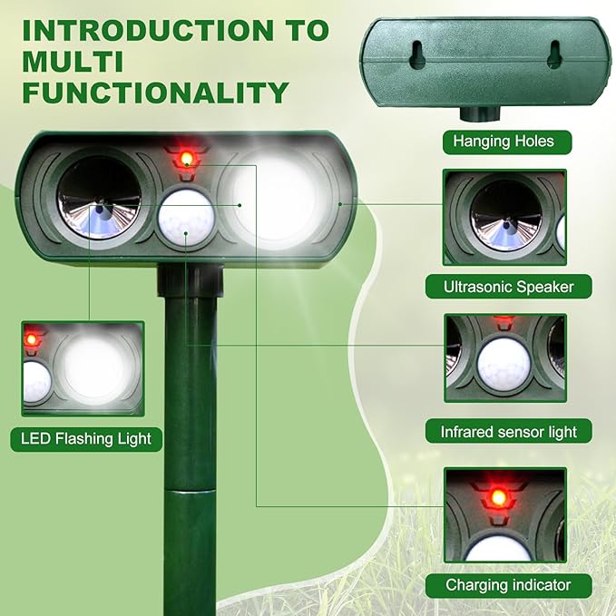 Solar Ultrasonic Animal Repeller, 2025 Cat Repellent Outdoor,Waterproof Deer Repellent for Raccoon,Dog,Fox, Deer, Skunk,Squirrel, Rabbit with LED Flashing and Motion Sensor,Sound Green