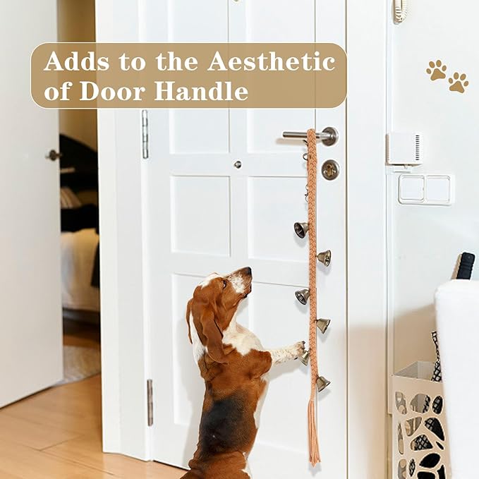 Dog Bell for Door Potty Training, Cotton Handwoven Dog Doorbell with 6 Extra Loud Bells for Dog Training, Adjustable Hanging Door Bell for Small Medium Large Dogs to Ring to Go Outside, Brown