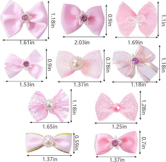 20 PCS Cute Dog Hair Bows with Rubber Bands Elastic Handmade Mix Style Lace Rhinestone Pearls for Furry Puppy Cat Pet Girl, Pink