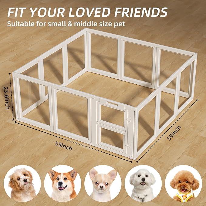 Clear Acrylic Dog Playpen Indoor,Transparent Dog Pen,Easy to Assemble and Clear pet Pen for Puppy Dog, Rabbit and cat,Sturdy and Easy to Clean Plastic pet Fence (White, 23.6" H, 12PCS)