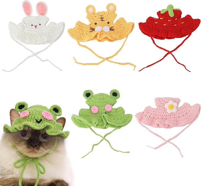5 Pack Cute Knitted Cat Hats Dog Hats – Frog Strawberry Pink Flower Tiger Rabbit Funny Hat for Cats Dogs Small Pets Birthday Costume Accessories
